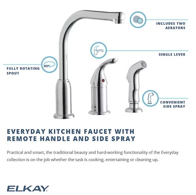 Elkay Everyday Chrome Everyday Kitchen Deck Mount Faucet with Remote Lever Handle and Side Spray-2