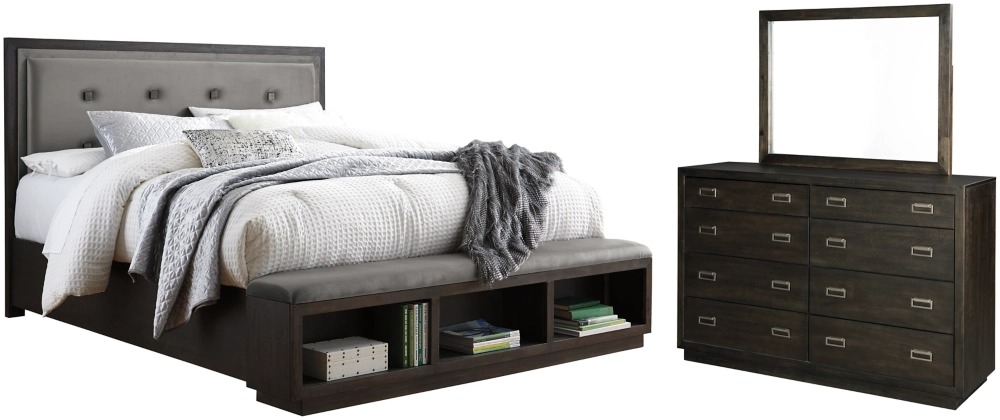 Signature Design by Ashley® Hyndell 3-Piece Dark Brown California King Upholstered Storage Panel Bed Set