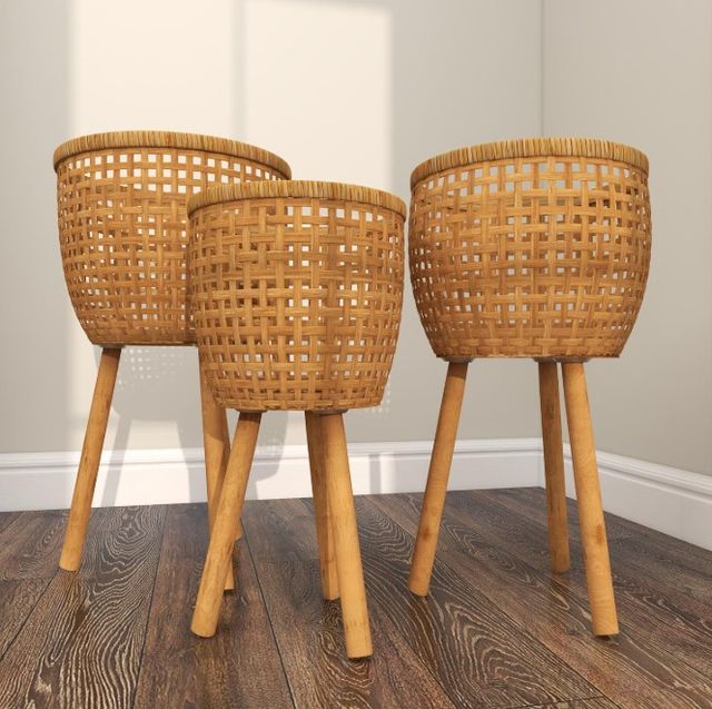 Deco Marche 3-Piece Brown Bamboo Woven Basket Planter Set with Wooden Tripod Legs-3