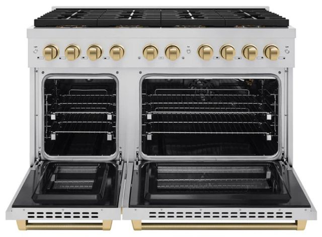 ZLINE Autograph Edition Paramount 48" 6.7 Cu. Ft. Stainless Steel Gas Range with 8 Burner DuoPro™ Cooktop and Dual Ovens with Champagne Bronze Helix Handles and Accents-1