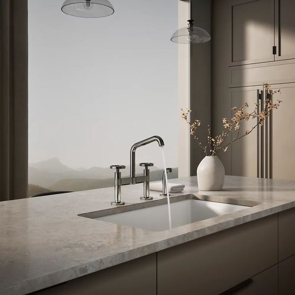 KOHLER® Billet® Vibrant Titanium 2-Hole Bridge Kitchen Sink Faucet with Side Sprayer and Round Handles-2