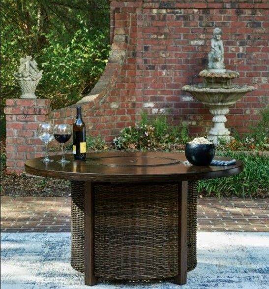 Signature Design by Ashley® Drakes Beach Dark Brown Aluminum/Wicker Outdoor Fire Pit Table-1