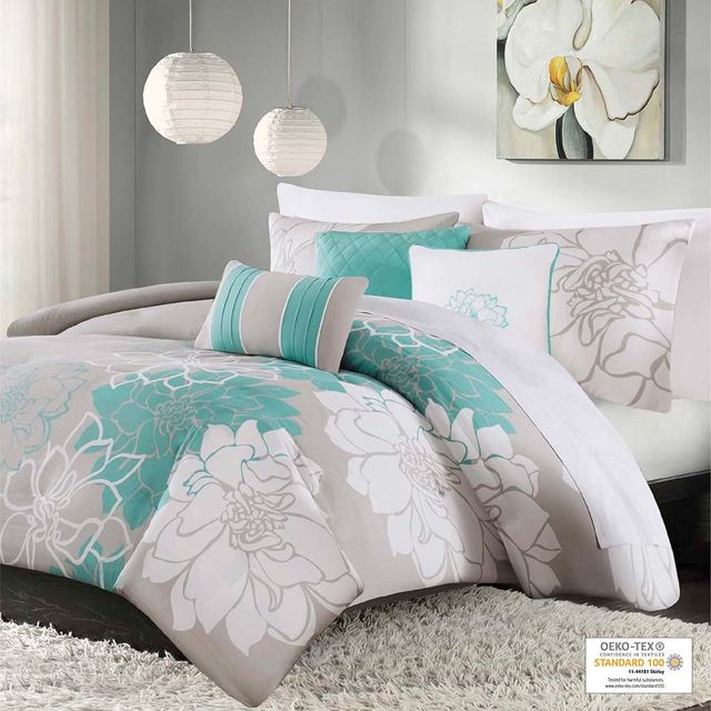 Olliix by Madison Park 6 Piece Aqua Full/Queen Lola Printed Duvet Cover Set-0