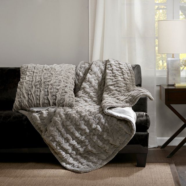Olliix by Madison Park Ruched Fur Grey 25" x 25" Euro Pillow-1