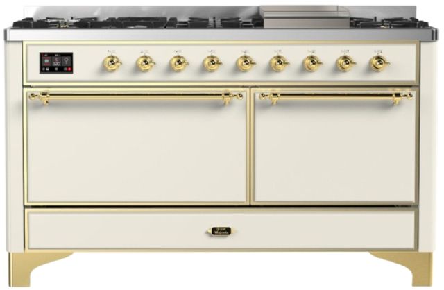 Ilve® Majestic III 60" Antique White Pro Style Dual Fuel Liquid Propane Range with Solid Door and Brass Trim-0