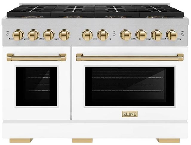 ZLINE Autograph Edition Paramount 48" 6.7 Cu. Ft. Satin Stainless Steel Gas Range with 8 Burner DuoPro™ Cooktop, Dual Ovens, White Matte Doors and Polished Gold Accents-0