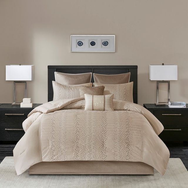 Olliix by Madison Park 8 Piece Natural California King Camelia Embroidered Comforter Set-0