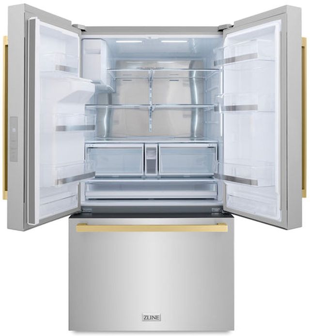 ZLINE Autograph Edition 36" 28.9 Cu. Ft. Stainless Steel Freestanding French Door Refrigerator with Dual Ice Maker and Champagne Bronze Modern Handle-1