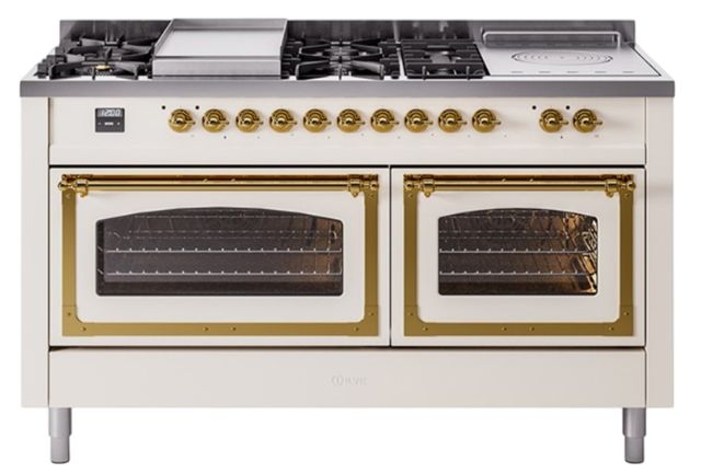 Ilve® Nostalgie II Noblesse 60'' Antique White Pro Style Dual Fuel Range with Brass Trim-0
