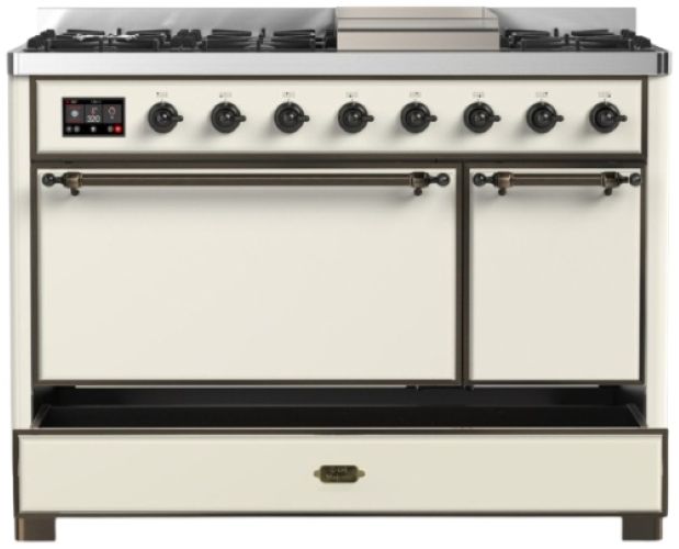 Ilve® Majestic III 48" Antique White Pro Style Dual Fuel Liquid Propane Range with Solid Door and Burnished Trim-2