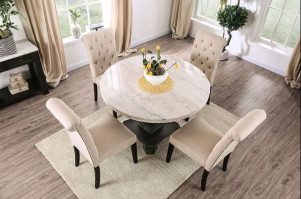 Furniture of America® Elfredo White Marble Round Dining Table with Antique Black Pedestal -1