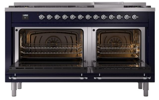 Ilve® Nostalgie II Noblesse 60'' Midnight Blue Pro Style Dual Fuel Range with Chrome Trim-1