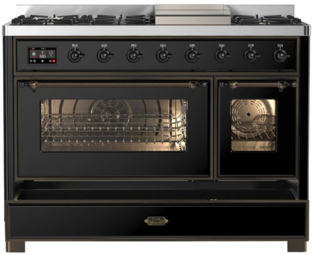 Ilve® Majestic III 48" Glossy Black Pro Style Dual Fuel Liquid Propane Range with Triple Glass Door and Burnished Trim-1