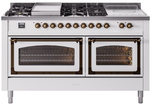 Ilve® Nostalgie II Noblesse 60'' White Pro Style Dual Fuel Range with Burnished Trim-0