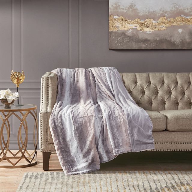 Olliix by Madison Park Zuri 1 Blush/Grey Oversized Faux Fur Throw-1