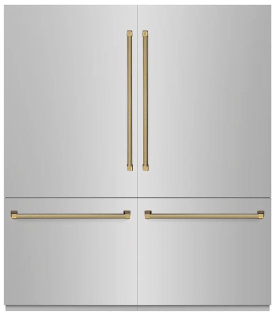 ZLINE Autograph Edition 72"  39.6 Cu. Ft. Stainless Steel with Graphite Gray Interior and Polished Gold Helix Handles French Door Built-In Bottom Freezer Refrigerator with Water Dispensers and Ice Makers -0