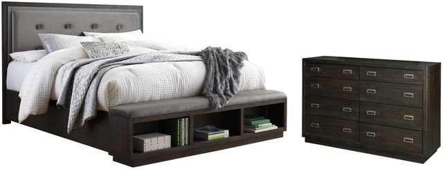 Signature Design by Ashley® Hyndell 2-Piece Dark Brown California King Upholstered Panel Storage Bed Set-0