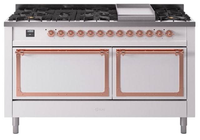 Ilve® Nostalgie II Noblesse 60'' White Pro Style Dual Fuel Range with Copper Trim-0