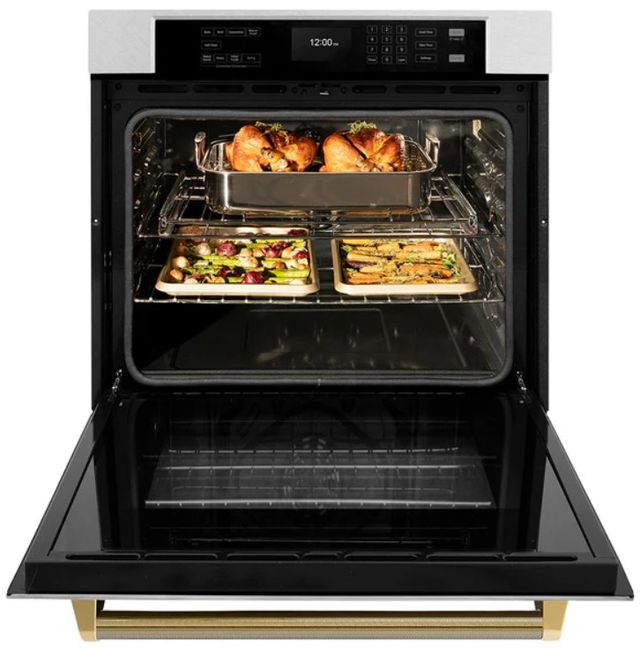 ZLINE Autograph Edition Professional 30" Satin Stainless Steel True Convection Single Wall Oven with Air Fry and Self Clean with Polished Gold Helix Handle -3