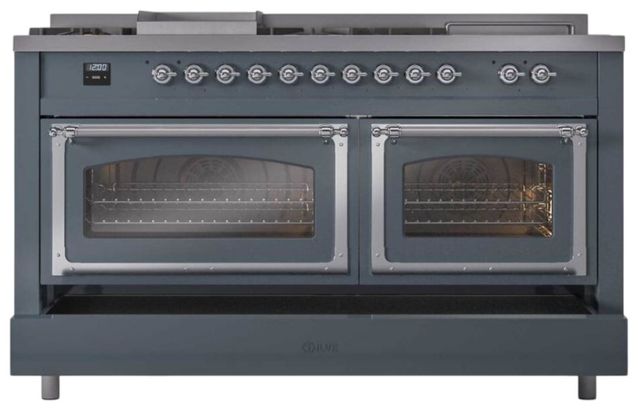 Ilve® Nostalgie II Noblesse 60'' Blue Gray Pro Style Dual Fuel Range with Chrome Trim-3