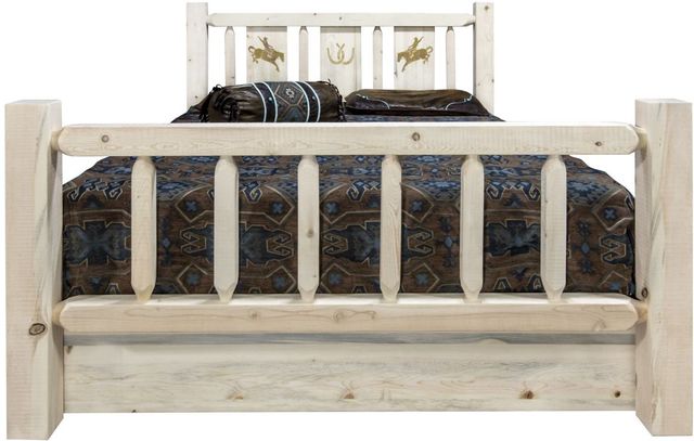 Montana Woodworks® Homestead Ready to Finish Full Storage Bed with Laser Engraved Bronc Design-1