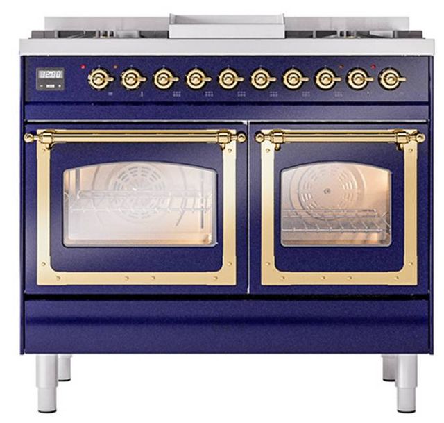 Ilve® Nostalgie II Noblesse 40'' Midnight Blue Pro Style Dual Fuel Range with Brass Trim-1