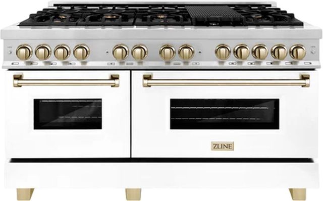 ZLINE Autograph Edition 60" Stainless Steel Pro Style Dual Fuel Range with White Matte Door and Polished Gold Accents-0