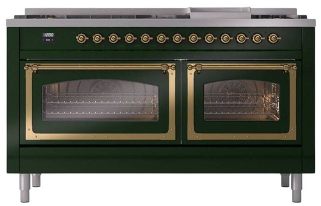 Ilve® Nostalgie II Noblesse 60'' Emerald Green Pro Style Dual Fuel Range with Brass Trim-1