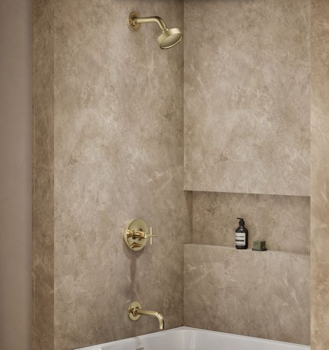 KOHLER® Purist® Rite-Temp® Vibrant French Gold 2.5 GPM Bath and Shower Trim Kit with Cross Handle and Push-Button Diverter -1