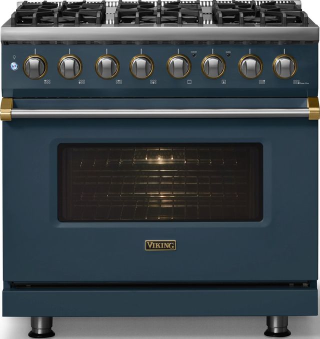 Viking® 5 Series 36" Squall Pro Style Dual Fuel (NG) Range with Brushed Brass Trim-2