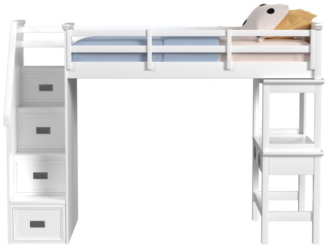Elements International Hampton Kids White Youth Twin Loft Bed with Staircase and Desk-2