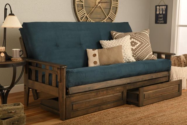 Kodiak Furniture Tucson Suede Navy/Rustic Walnut Full Storage Futon with Mattress-1