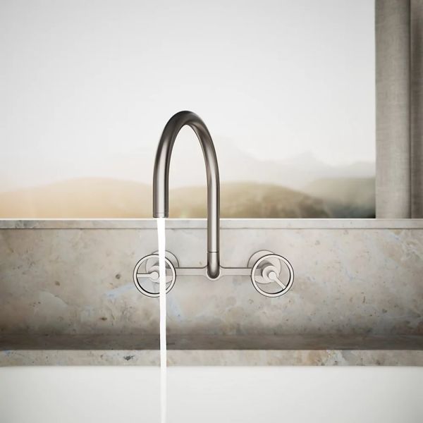 KOHLER® Billet® Vibrant Stainless 12" 2-Hole Wall-Mount Bridge Kitchen Sink Faucet with Round Handles-2