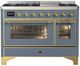 Ilve® Majestic III 48" Blue Gray Pro Style Dual Fuel Liquid Propane Range with Triple Glass Door and Brass Trim-0