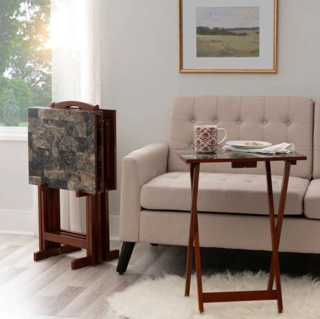 Linon Talia 5-Piece Faux Marble Tray Table with Brown Base Set-1