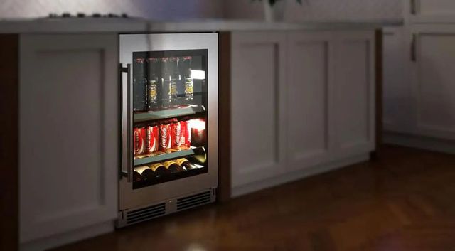 front view of a XO stainless steel undercounter beverage refrigerator in a modern kitchen