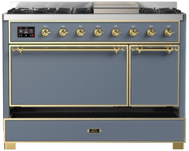 Ilve® Majestic III 48" Blue Gray Pro Style Dual Fuel Natural Gas Range with Solid Door and Brass Trim-2