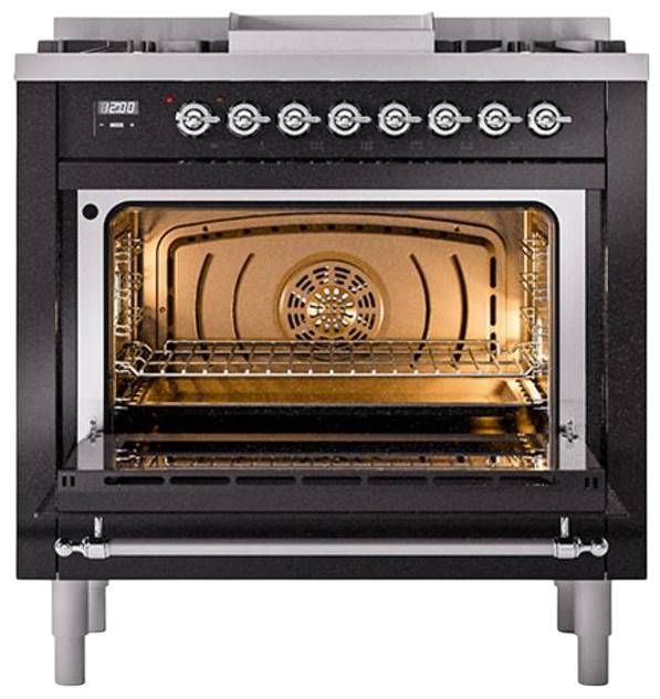 Ilve® Nostalgie II Noblesse 36'' Glossy Black Pro Style Dual Fuel Range with Chrome Trim-2