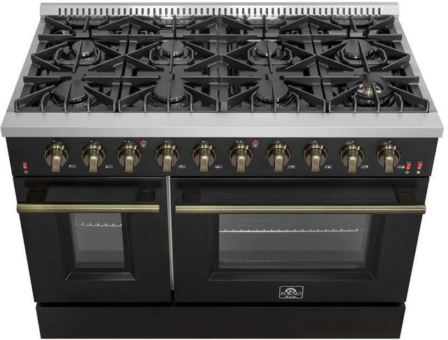 FORNO® Galiano 48" Stainless Steel Pro Style Gas Range with Black Door and Antique Brass Accents-2