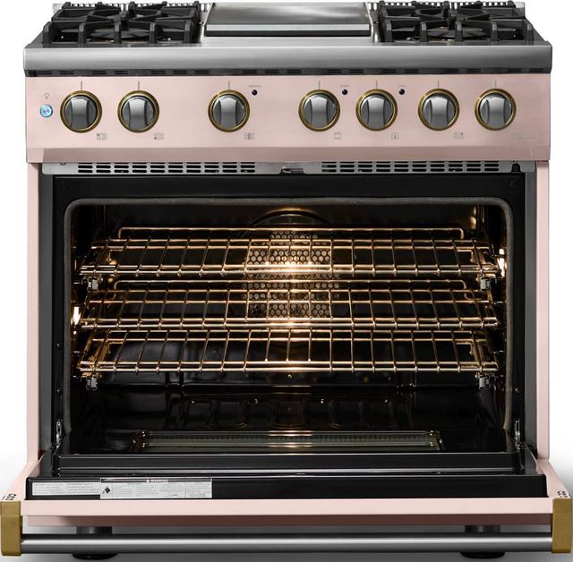 Viking® 5 Series 36" Blush Pro Style Dual Fuel (LP) Range with Brushed Brass Trim-1