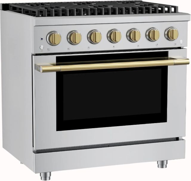 Hauslane HausPro 36" Stainless Steel Pro-Style Dual Fuel Range with Satin Brass Knobs-3