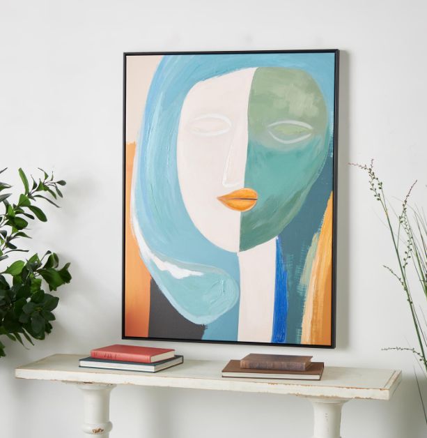 Deco Marche Multi-Colored Canvas Woman Impressionist Living Room Framed Wall Art with Brushed Paint Strokes and Black Frame-1