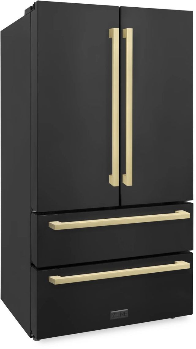 ZLINE Autograph Edition 36" 22.5 Cu. Ft. Fingerprint Resistant Black Stainless Steel Counter Depth French Door Refrigerator with Champagne Bronze Modern Handles-2