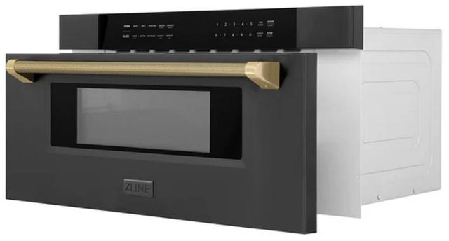 ZLINE Autograph Edition 30" 1.2 Cu. Ft. Black Stainless Steel Built-in Microwave Drawer with Champagne Bronze Helix Handle-1