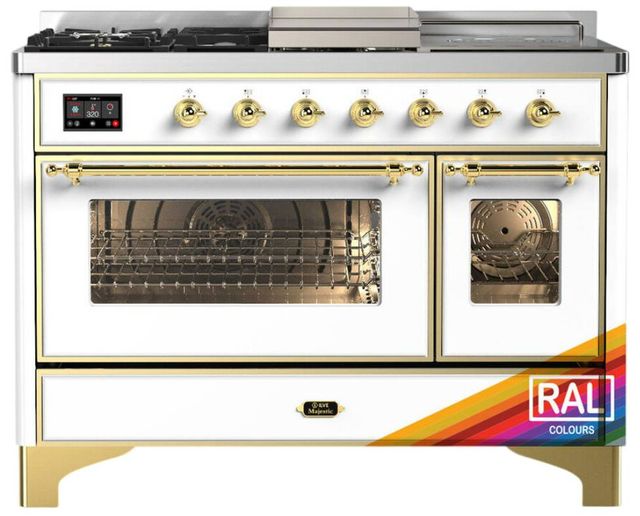Ilve® Majestic III 48" Custom Pro Style Dual Fuel Natural Gas Range with Triple Glass Door and Brass Trim-0