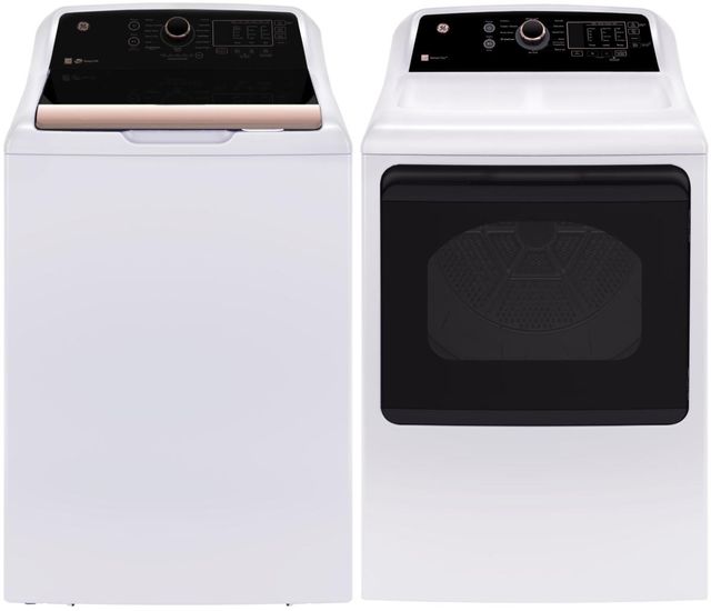 GE® White and Rose Gold Top Load Washer & Electric Dryer Laundry Pair-0