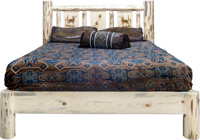 Montana Woodworks® Montana Collection Clear Lacquer Full Platform Bed with Laser Engraved Elk Design-1