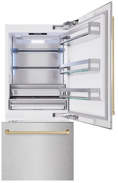 ZLINE Autograph Edition 36" 19.8 Cu. Ft. Satin Stainless Steel Built-In Bottom Freezer Refrigerator with Champagne Bronze Accents-1