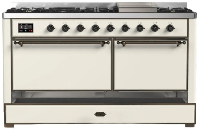 Ilve® Majestic III 60" Antique White Pro Style Dual Fuel Liquid Propane Range with Solid Door and Burnished Trim-2