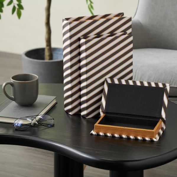 Deco Marche 3-Piece Black Book Storage Decorative Box with White and Gold Stripes Set-4